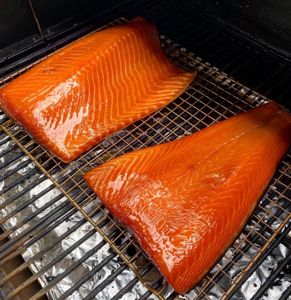 Smoked salmon on grill.