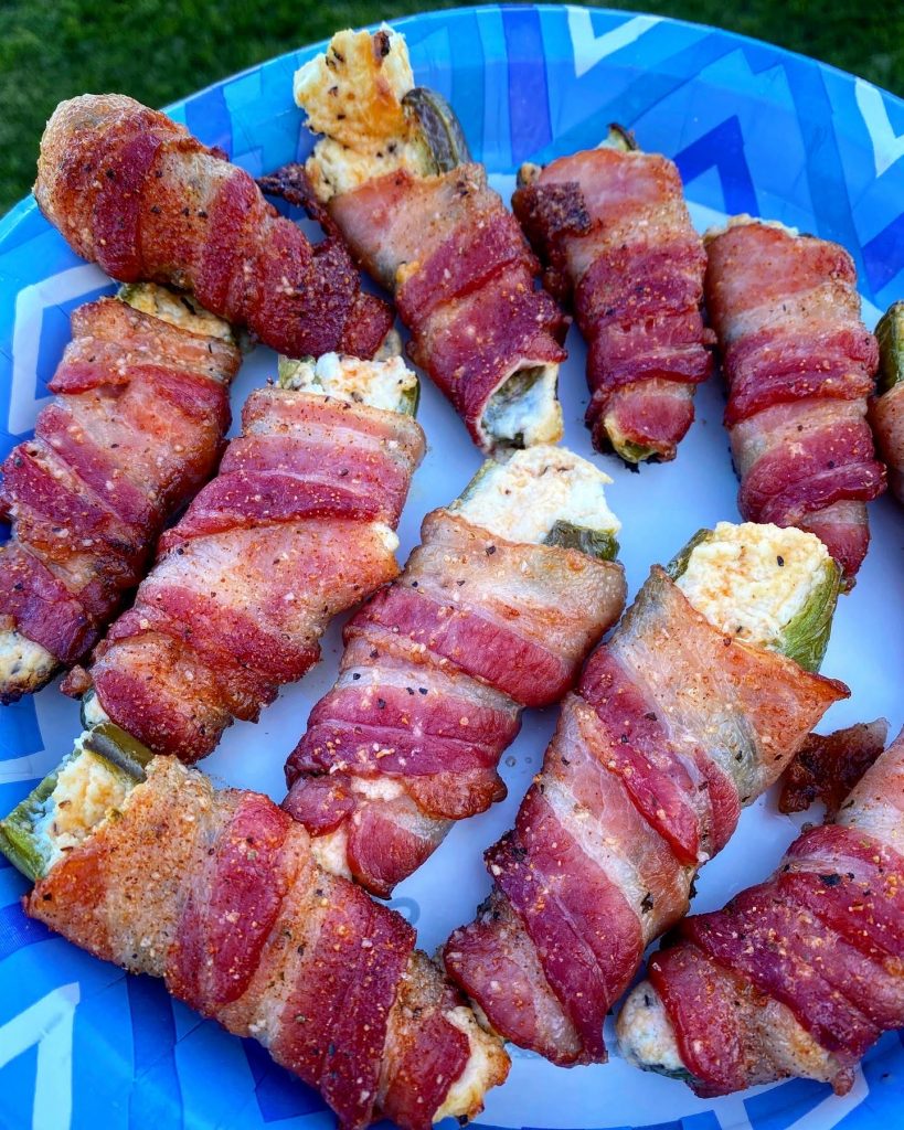 Bacon wrapped jalapeno poppers finished and ready to eat.
