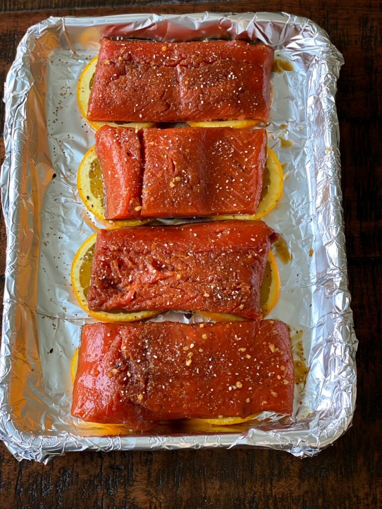 Marinated salmon prepped and ready for the grill. 