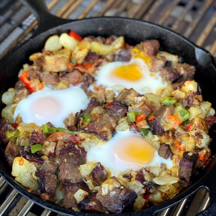 Brisket beakfast skillet recipe finished on the grill.