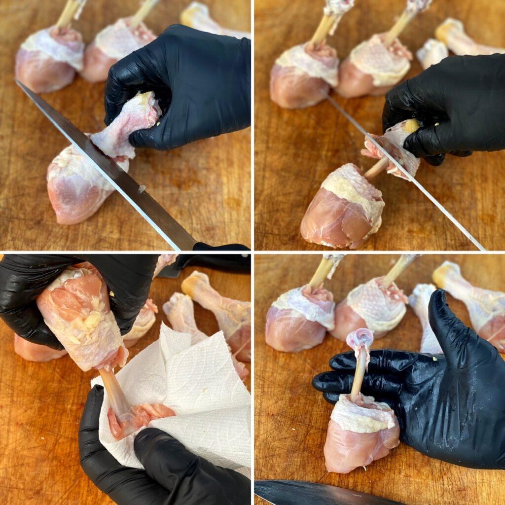 The four step process for frenching drumsticks. 