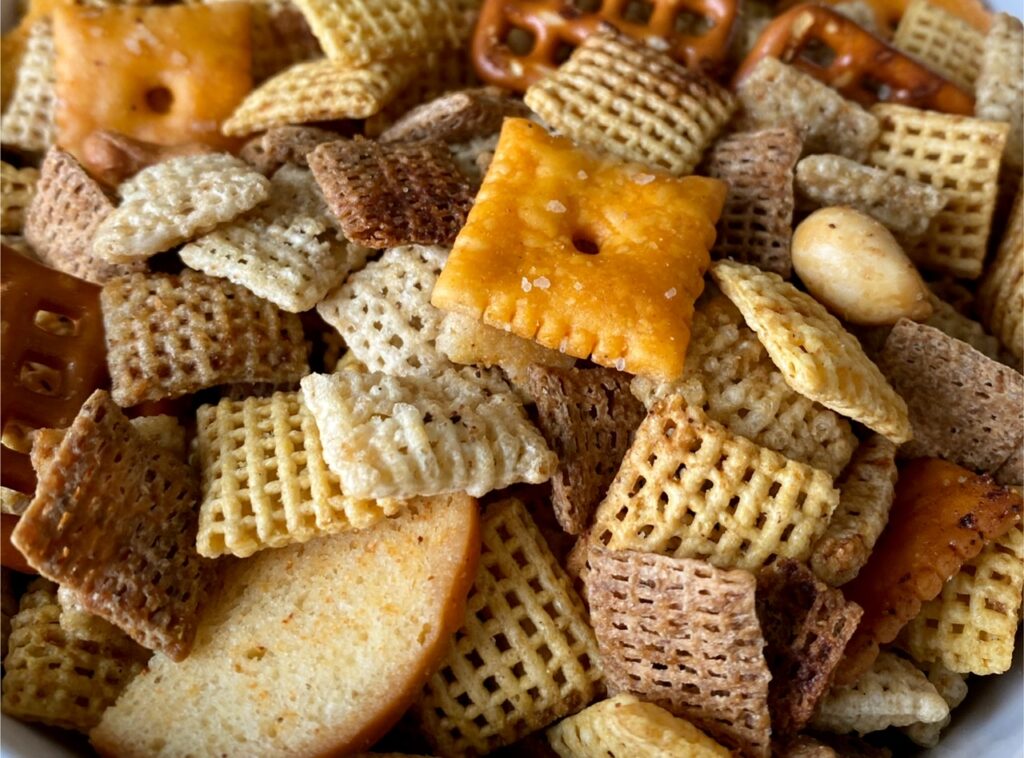 Up close and personal with the Smoked Chex mix. 