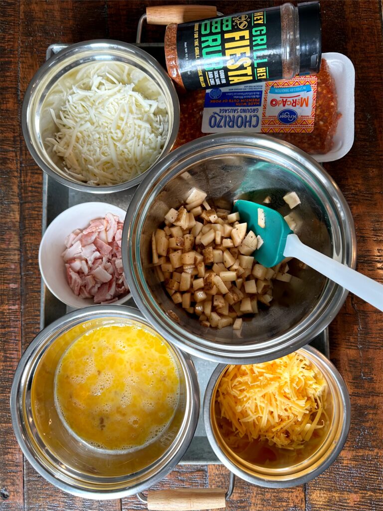 The ingredients needed for the breakfast burritos. 