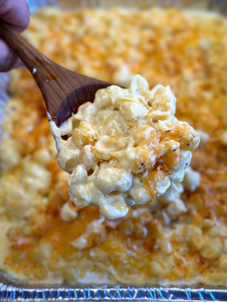 Scoop of smoked Mac and cheese up close. 