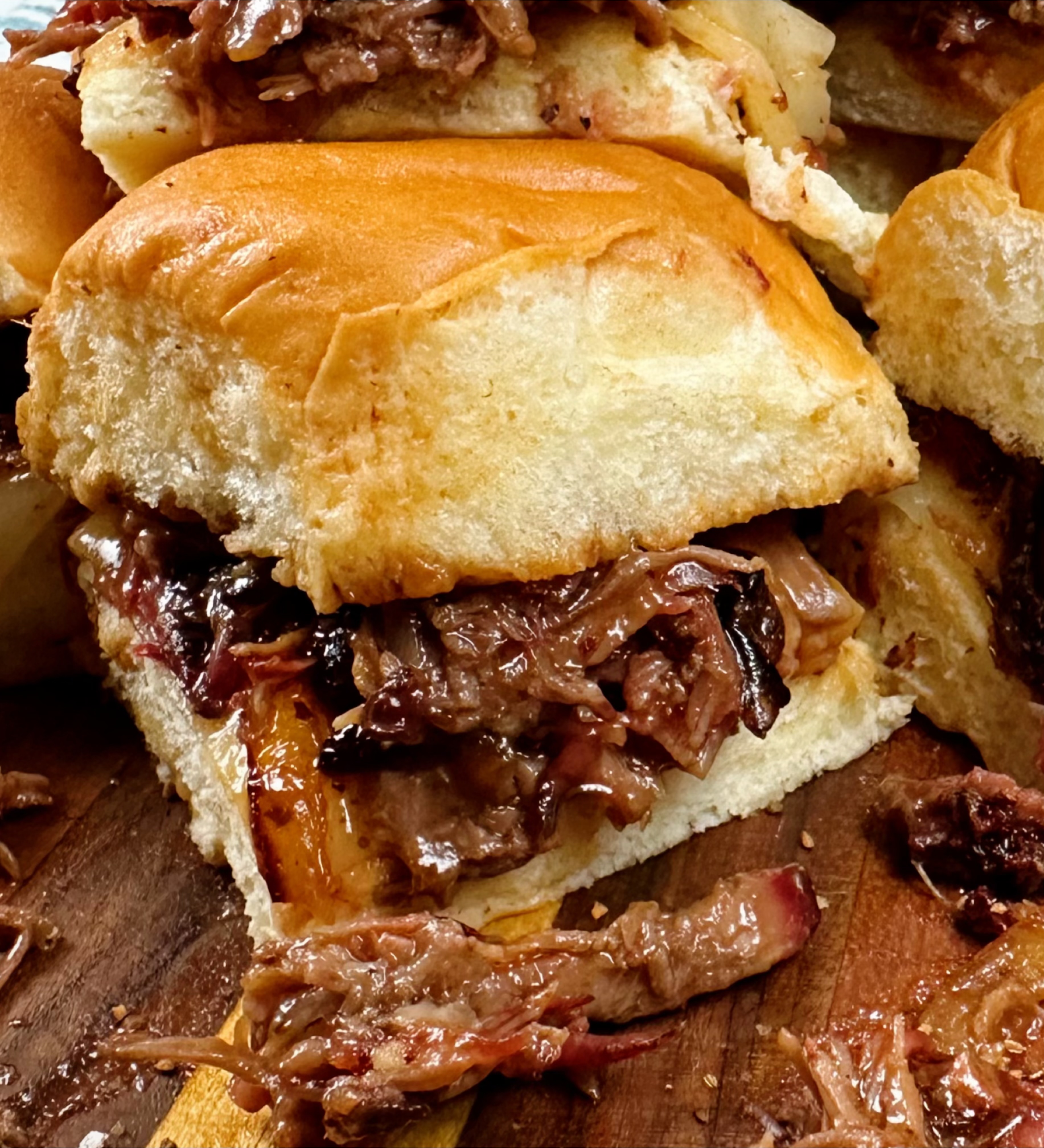 Closeup of a barbecue beef slider.