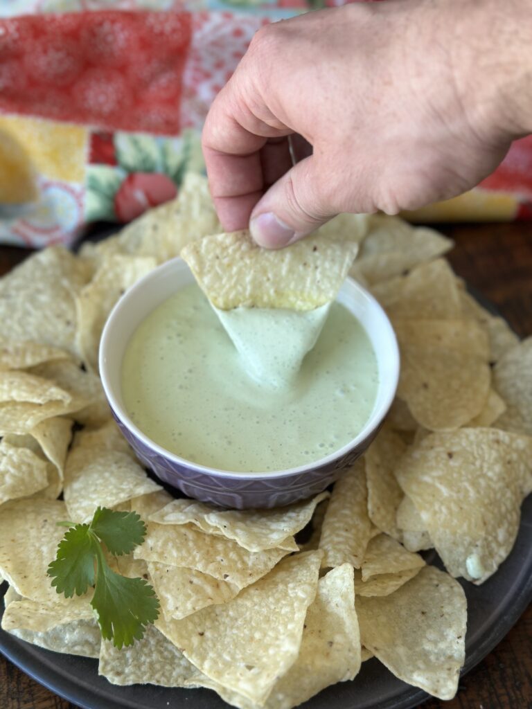 Cilantro lime crema can be used for chips, vegetables, tacos and quesadillas. 